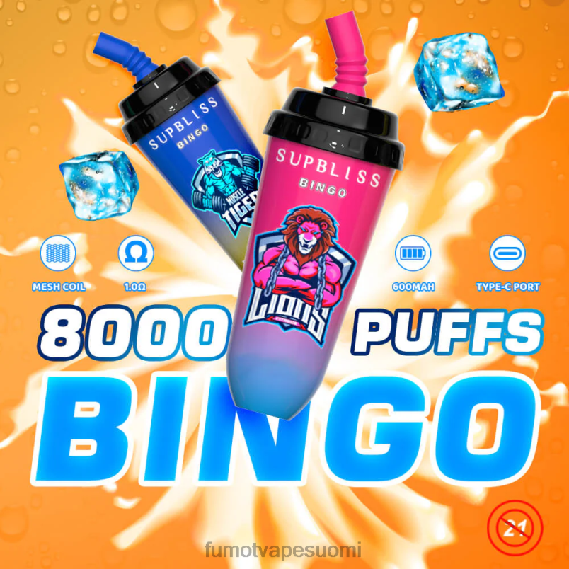 Fumot Vape Best Flavour | persikka mango 8X48Z404 16 ml 8000 kertakäyttöinen vape pod -laite (1 kpl) Fumot Supbliss Bingo