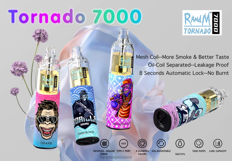 Fumot Flavours | kiivi passionhedelmä guava 8X48Z80 7000 kertakäyttöinen vape kynä - 14 ml (1 kpl) Fumot Tornado